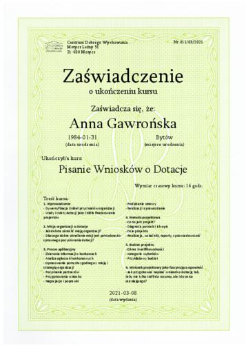Zaświadczenie o ukończeniu kursu